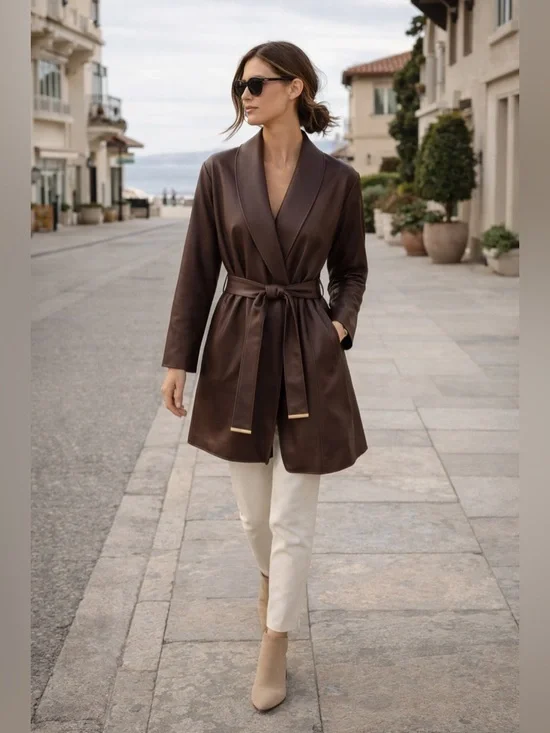 Kenneth Cole Vegan Leather Belted Trench Coat Brown Luxe Minimalist Jacket Sz L - Picture 4 of 15